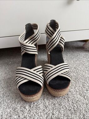 Tory Burch Black & Cream Striped Crisscross Espadrille Wedge Sandals